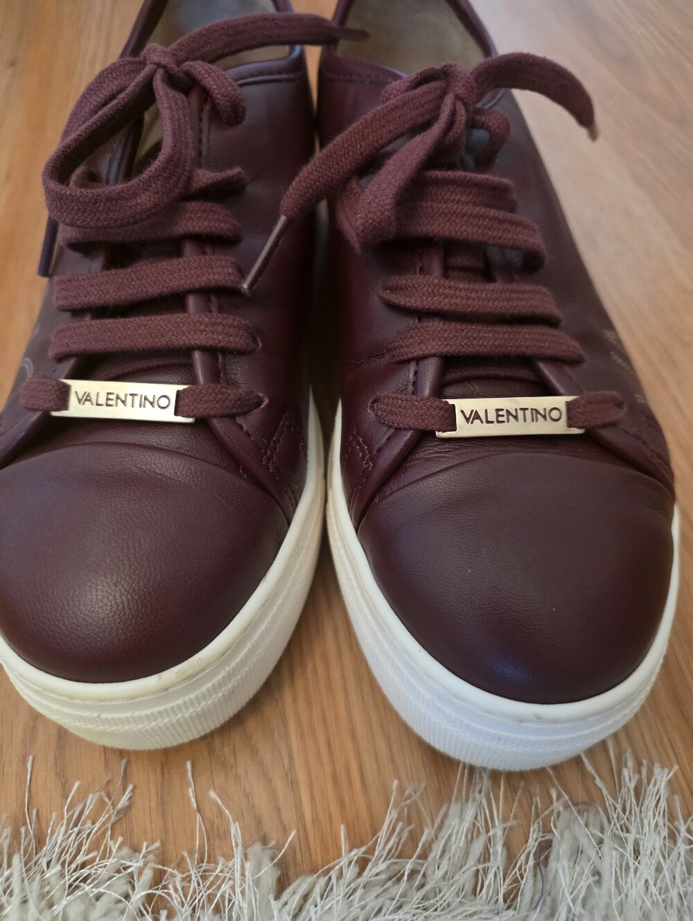 Valentino Maroon Leather Platform Sneakers with Gold Nameplate